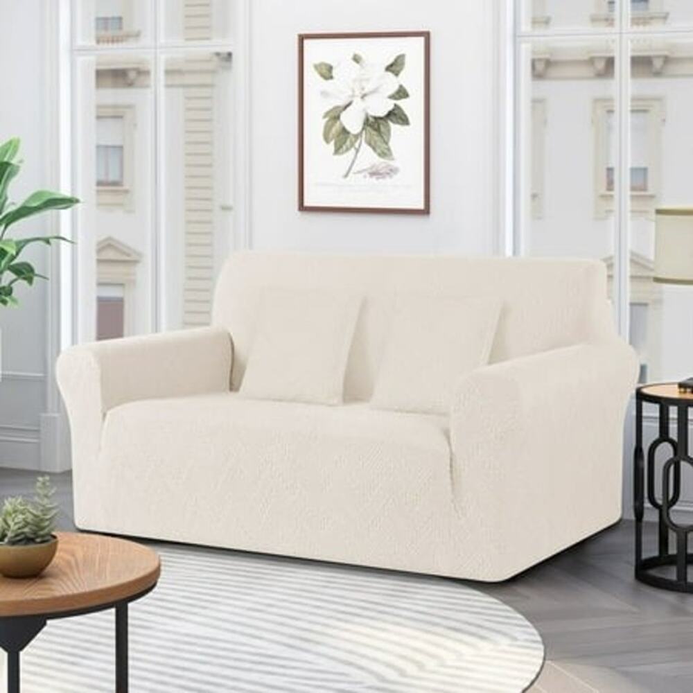 BRAND NEW ~ Cream Jacquard Non-Slip Loveseat 2 Seat Sofa Cover & 2 Pillow Covers